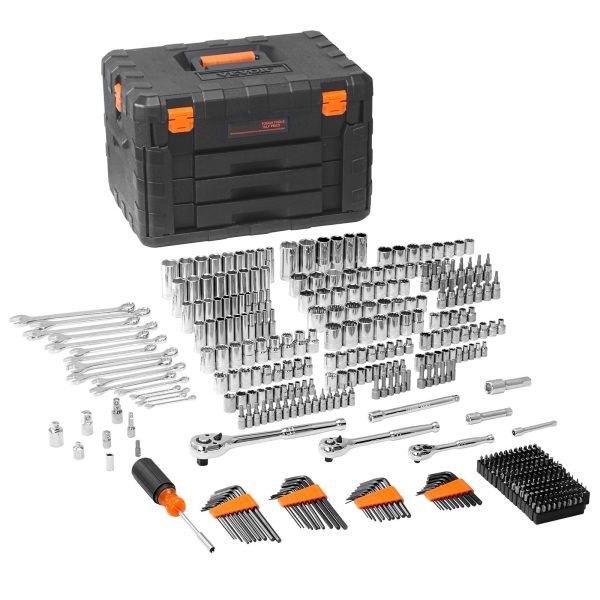 SKYSHALO Mechanic Tool Socket Set 1/2, 3/8 and 1/4 inch Drive SAE & Metric Size, 450 Piece with Tool Box Storage Case for for Home, Household, Garage, Bike, Car Trunk, Automotive, Mechanic Projects