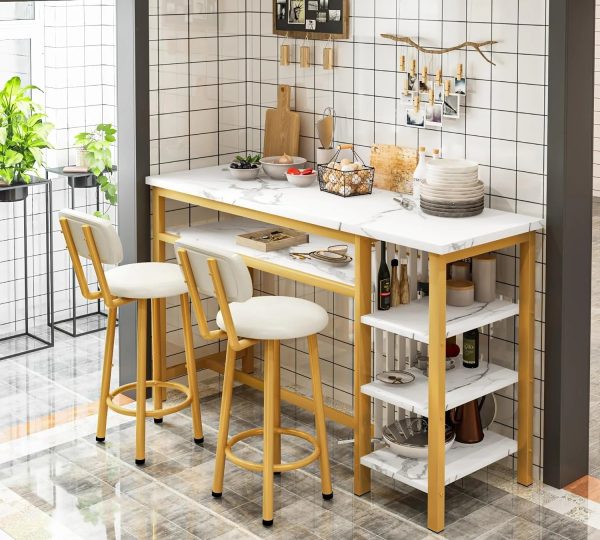 3-Piece Bar Table and Chairs Set, Modern White Faux Marble Table with 2 PU Cushion Bar Stools, Kitchen Counter with 3 Tier Storage Shelves, Space Saving Table for Home & Kitchen, Gold Frame - Image 3