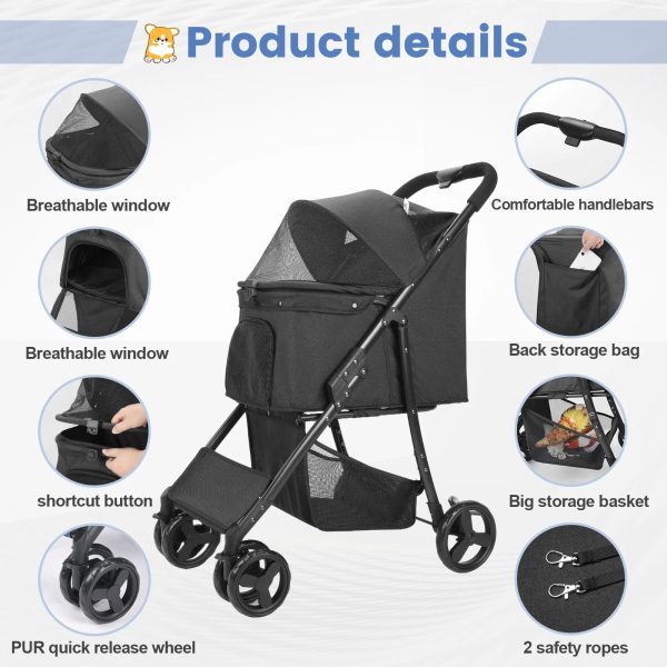 4 Wheel Dog Stroller, Wedyvko Foldable Pet Stroller with Storage Basket for Small Medium Dogs & Cats (Black) - Image 7