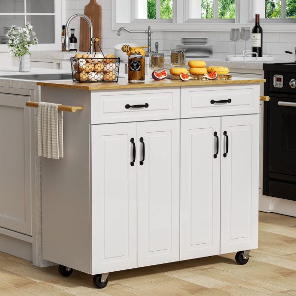 4 EVER WINNER White Kitchen Island with Storage on Wheels, Rolling Kitchen Island Cart with 2 Drawers& 4 Storage Cabinets, Wooden Countertop, Towel Racks, Adjustable Shelves - Image 4