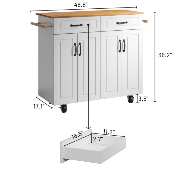 4 EVER WINNER White Kitchen Island with Storage on Wheels, Rolling Kitchen Island Cart with 2 Drawers& 4 Storage Cabinets, Wooden Countertop, Towel Racks, Adjustable Shelves - Image 5