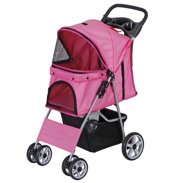 ZENSTYLE 4 Wheels Pet Stroller Foldable Carrier Strolling Cart for Cat Dog w/ Storage Basket Pink