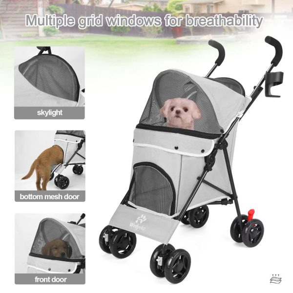 4 Wheel Foldable Cat Dog Stroller with Storage Basket, Handle 360° Front Wheel Rear Wheel with Brake for Small Medium Dogs & Cats-Gray - Image 2