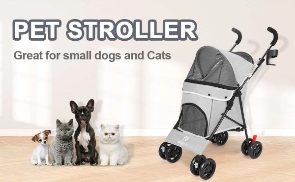 4 Wheel Foldable Cat Dog Stroller with Storage Basket, Handle 360° Front Wheel Rear Wheel with Brake for Small Medium Dogs & Cats-Gray - Image 7