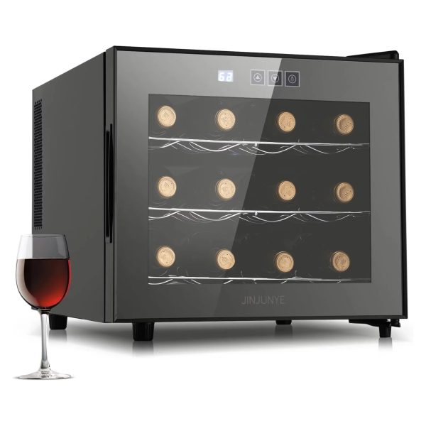 JINJUNYE Wine Cooler Refrigerator, 12 Bottle Wine Fridge Small, Countertop Wine Cooler with Temperature Control, Mini Freestanding Wine Cellars Glass Door for Home, Office, Bar, Gift for Men