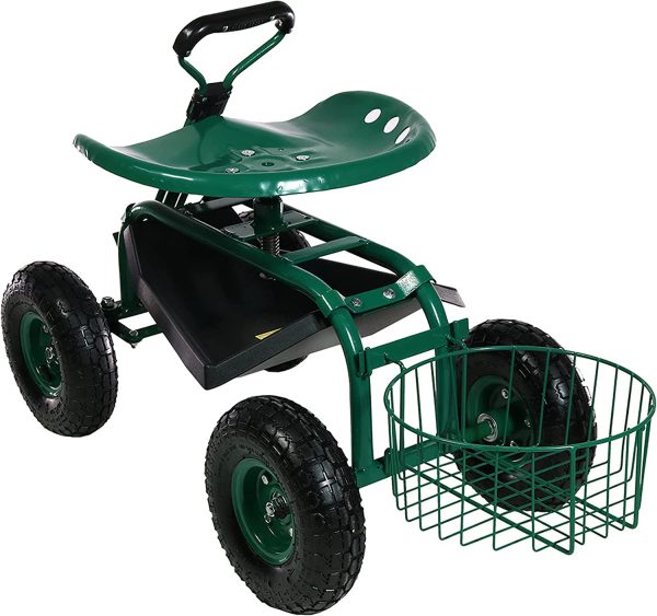 Sunnydaze Garden Cart Rolling Scooter with Extendable Steer Handle， Swivel Seat and Utility Tool Tray， Green - Image 8