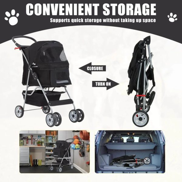 Foldable Dog Stroller Cat Stroller with Storage Basket & Removable Liner, 4 Wheels Pet Stroller，Foldable Carrier Strolling Cart for Dogs Cats, Black - Image 3