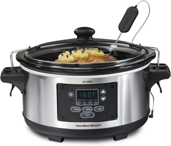 Hamilton Beach Portable 6-Quart Set and Forget Digital Programmable Slow Cooker with Lid Lock， Temperature Probe， Stainless Steel