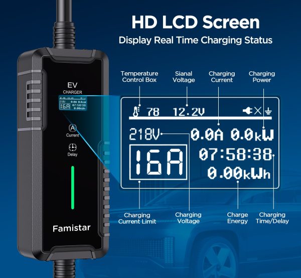 Famistar Level 2 & Level 1 EV Charger, 16Amp 110-240V Portable J1772 Electric Car Charger with Adjustable Amp Delayed Timer 25ft Long Cord - Image 4