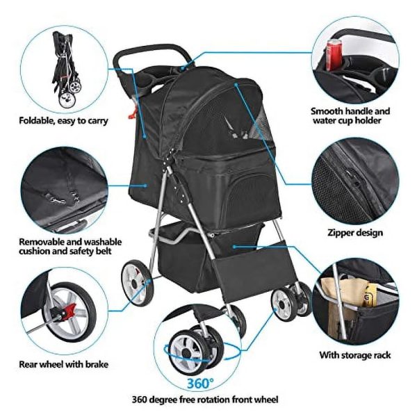 BBBuy 4 Wheels Foldable Pet Dog Cat Jogger Stroller Travel Carrier Strolling Cart w/Waterproof Cover Storage Basket Cup Holder & Removable Liner for Medium Small Cat Dog, Black - Image 6