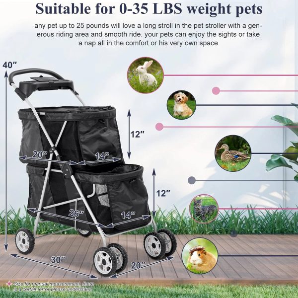 4 Wheels Pet Stroller Dog Cat Stroller, Foldable 2 Cages Strollers Kitten Puppy Carriages w/Cup Holders Soft Pad for Small Medium Dogs Cats (Black) - Image 2