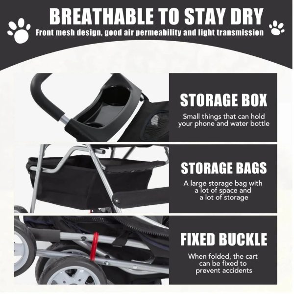 Foldable Dog Stroller Cat Stroller with Storage Basket & Removable Liner, 4 Wheels Pet Stroller，Foldable Carrier Strolling Cart for Dogs Cats, Black - Image 6