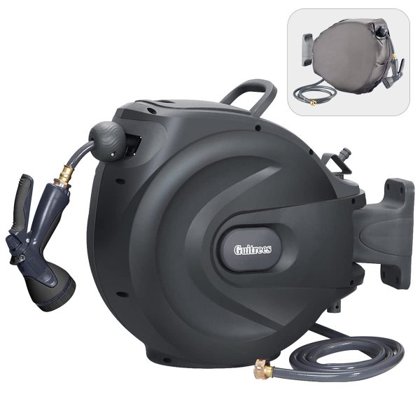 Guitrees Retractable Garden Hose Reel 1/2u201d 115FT+6FT With Cover, Slow Return System, Any Length Lock, Wall Mounted, 9 Function Nozzle and 180u00b0Swivel Bracket (Grey)