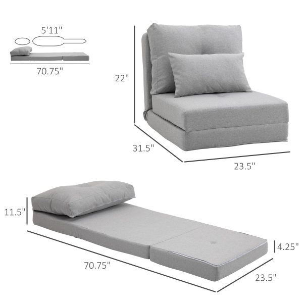 HOMCOM Convertible Flip Chair, Floor Lazy Sofa, Folding Upholstered Couch Bed with Adjustable Backrest, Metal Frame and Pillows for Living Room Bedroom, Light Grey - Image 3