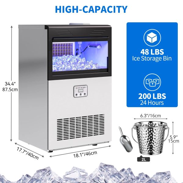 Dextrus Commercial Ice Maker Machine 200LBS/24H with 48LBS Storage Bin, Tap Water Freestanding Ice Machine with Stainless Steel Ice Scoop Ice Bucket, Ice Maker Machine for Home Bar Restaurants Bar - Image 2