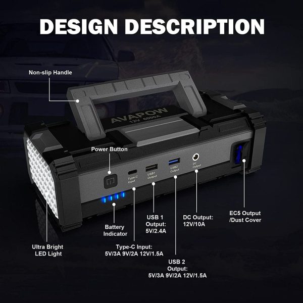 AVAPOW 6000A Car Battery Jump Starter with Dual USB Quick Charge and DC Output, 12V Jump Pack with Built-In LED Bright Light - Image 2