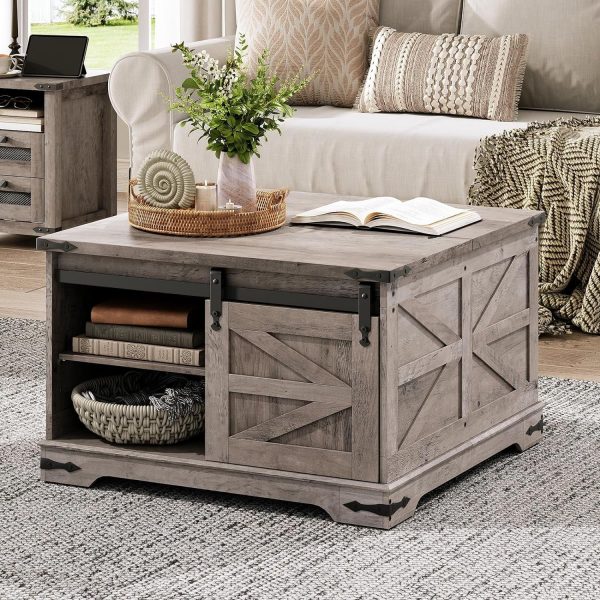 HOOBRO Farmhouse Coffee Table for Living Room with Single Sliding Barn Door Lift Top and Hidden Space Gray BG80KF01 - Image 3