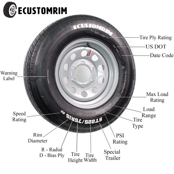 Radial Trailer Tire On Rim ST225/75R15 225/75-15 15 D 6 Lug Wheel White Spoke - Image 6