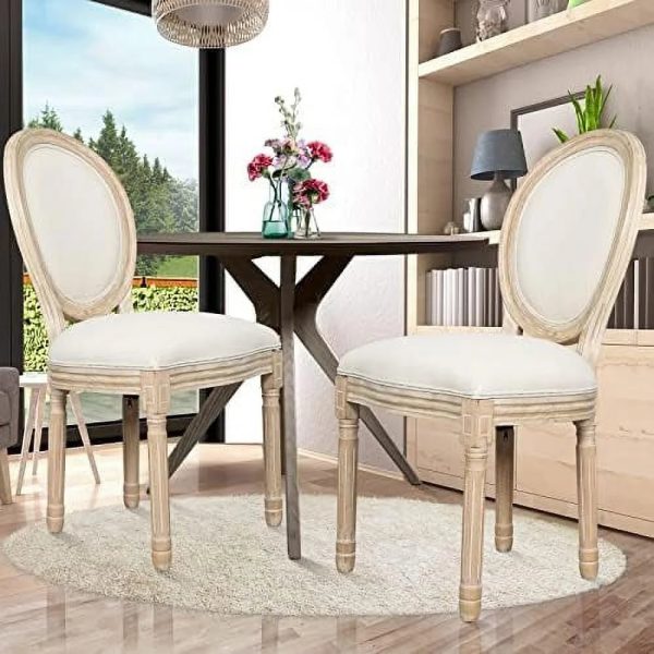 MQLIFEBOOM French Dining Chair Linen Fabric Upholstered Farmhouse Dining Chairs with Oval Backrest Vintage Solid Wood Dining Chairs for Kitchen Restaurant Dining Room