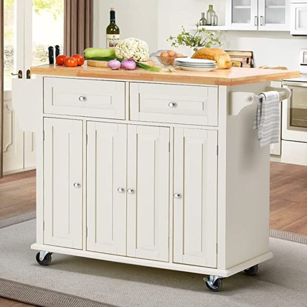 Rolling Kitchen Island Cart with Storage�� Kitchen Cart with Drop-Leaf Rubber Wood Tabletop�� Lockable Wheels�� Trolley Cart Utility Cabinet�� Towel Rack�� Spice Rack Off-White