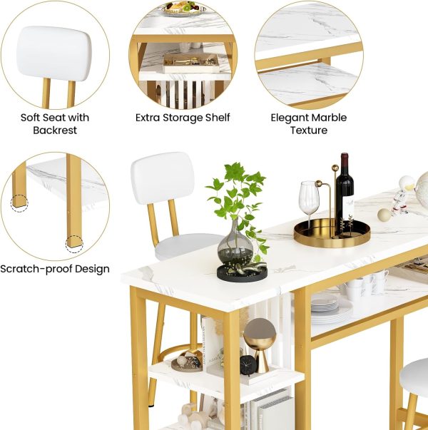 3-Piece Bar Table and Chairs Set, Modern White Faux Marble Table with 2 PU Cushion Bar Stools, Kitchen Counter with 3 Tier Storage Shelves, Space Saving Table for Home & Kitchen, Gold Frame - Image 7