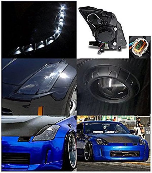 Spec-D Tuning LHP-350Z06JM-RS Nissan 350Z Black Projector Headlights w/ LED DRL Strip Bar - Image 2