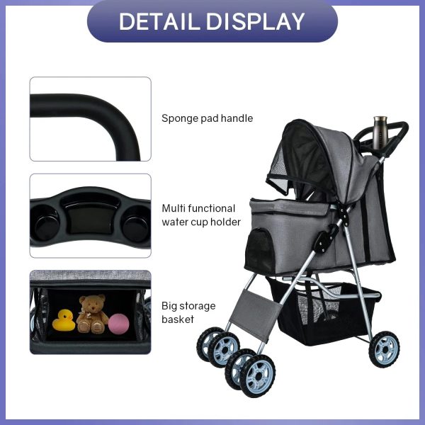 NiamVelo 4 Wheels Dog Stroller Foldable Pet Stroller Dog Cat Jogger Stroller Folding Lightweight Travel Stroller with Cup Holders& Storage Basket for Small Medium Dogs, Grey - Image 7