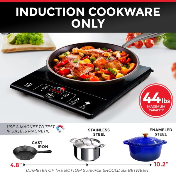 RapidTherm Portable Induction Cooktop Hot Plate Countertop Burner 1800W, 8 Temp Levels, Timer, Auto-Shut-Off, Touch Panel, LED Display, Auto Pot Detection, Child Safety Lock, 4 Preset Programs - Image 3