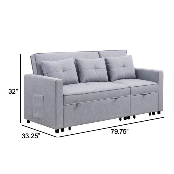 Benjara BM286632 80 in. Jayce Wood Convertible Sleeper Sofa with Side Pocket, Light Gray & Black - Image 5