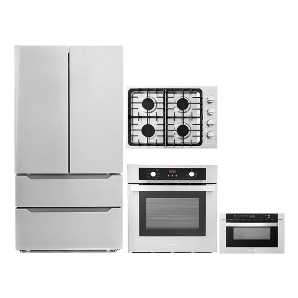 4 Piece Kitchen Package 30" Gas Cooktop 24" Single Electric Wall Oven 24" Built-In Microwave Drawer & Energy Star French Door Refrigerator