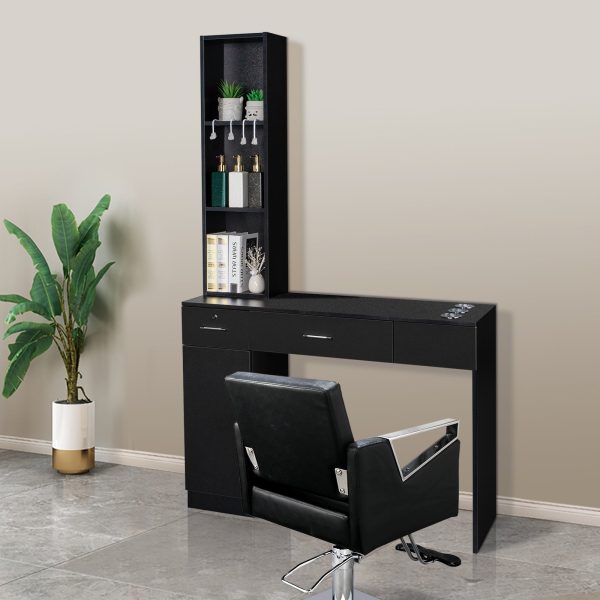 OmySalon Barber Station Wall Mount Salon Hair Styling Beauty Spa Equipment with 2 Drawers, 1 Storage Cabinet, 3 Open Shelves (Black) - Image 2