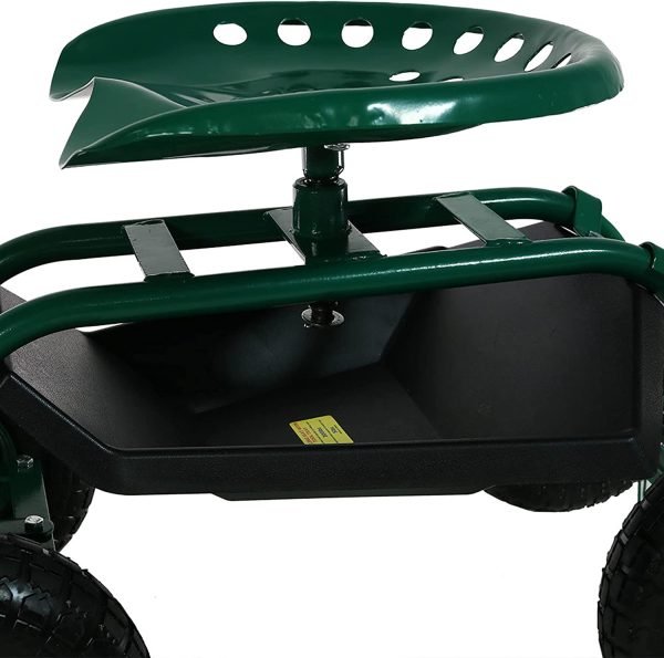 Sunnydaze Garden Cart Rolling Scooter with Extendable Steer Handle， Swivel Seat and Utility Tool Tray， Green - Image 4