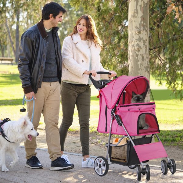 ZENSTYLE 4 Wheels Pet Stroller Foldable Carrier Strolling Cart for Cat Dog w/ Storage Basket Pink - Image 9