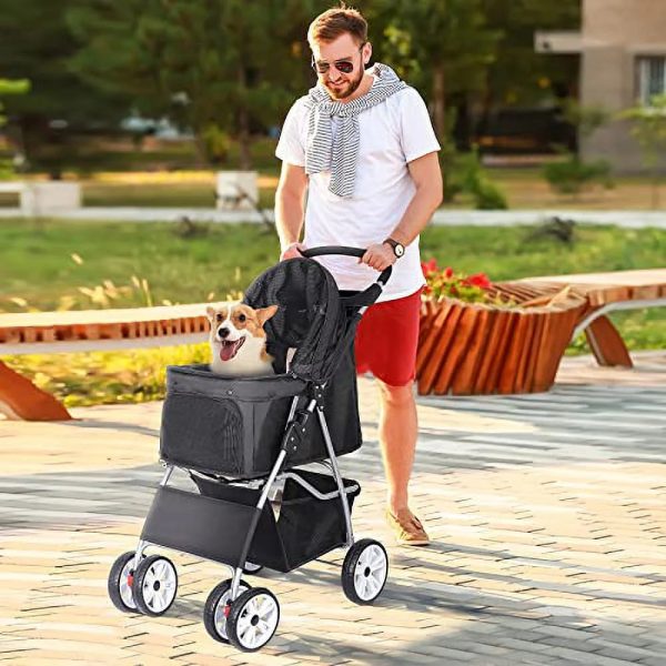 BBBuy 4 Wheels Foldable Pet Dog Cat Jogger Stroller Travel Carrier Strolling Cart w/Waterproof Cover Storage Basket Cup Holder & Removable Liner for Medium Small Cat Dog, Black - Image 7