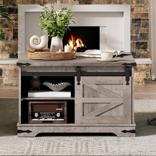 HOOBRO Farmhouse Coffee Table for Living Room with Single Sliding Barn Door Lift Top and Hidden Space Gray BG80KF01 - Image 4