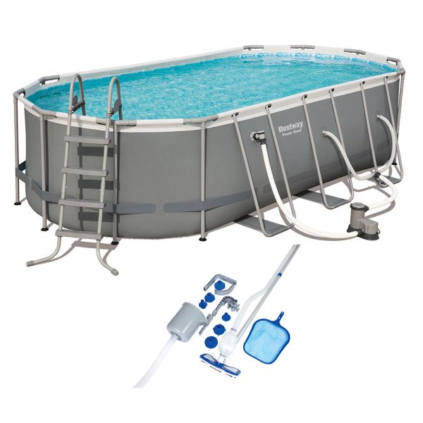 Bestway 18 Foot Power Steel Swimming Pool Set with Vacuum and Maintenance Kit