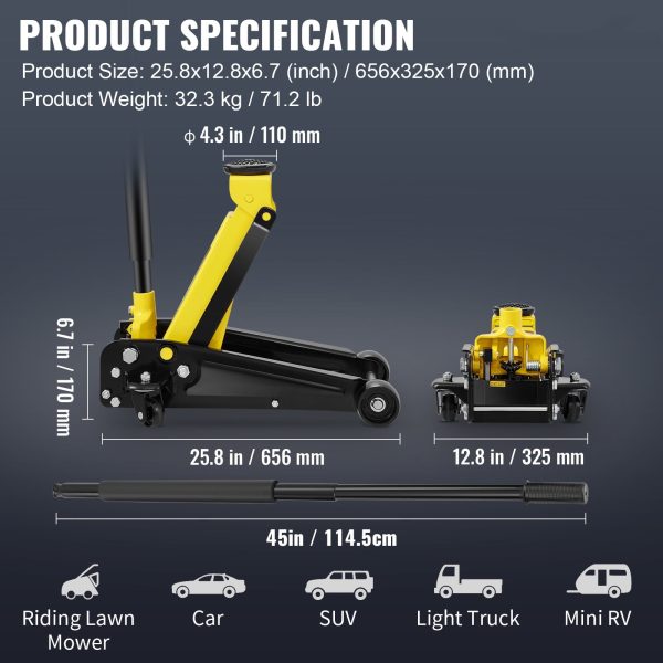 SKYSHALO 6600 lbs 3 Ton Low Profile Floor Jack Hydraulic Single Pump Lifting Capacity for Car, Truck, SUV, Fast Lift - Image 7