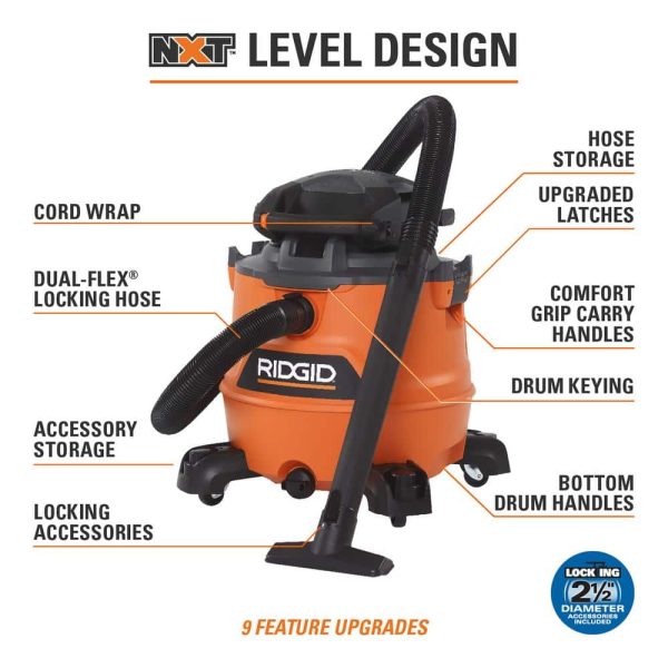 16 Gallon 6.5 Peak HP NXT Wet/Dry Shop Vacuum with Detachable Blower, Filter, Dust Bags, Locking Hose and Accessories HD1600B - Image 3