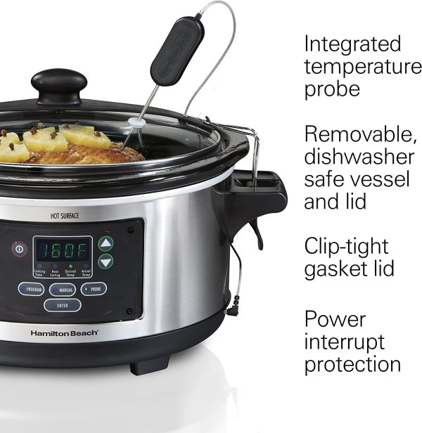 Hamilton Beach Portable 6-Quart Set and Forget Digital Programmable Slow Cooker with Lid Lock， Temperature Probe， Stainless Steel - Image 3