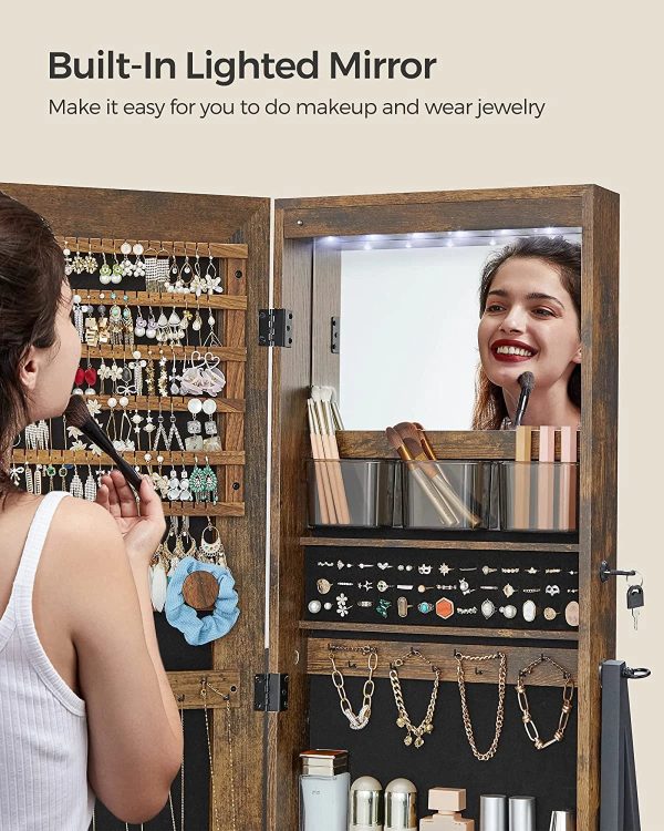 SONGMICS LED Jewelry Cabinet Standing Lockable Jewelry Armoire with Full-Length Mirror Space-Saving Jewelry Organizer Box with Mirror Bottom Drawer and Shelf Gift Idea Rustic Brown - Image 4