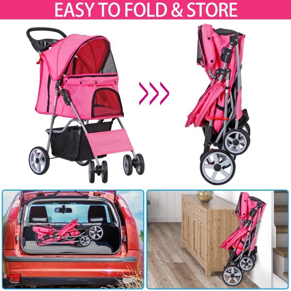 ZENY 4 Wheel Foldable Dog Pet Stroller - Pink - Image 4