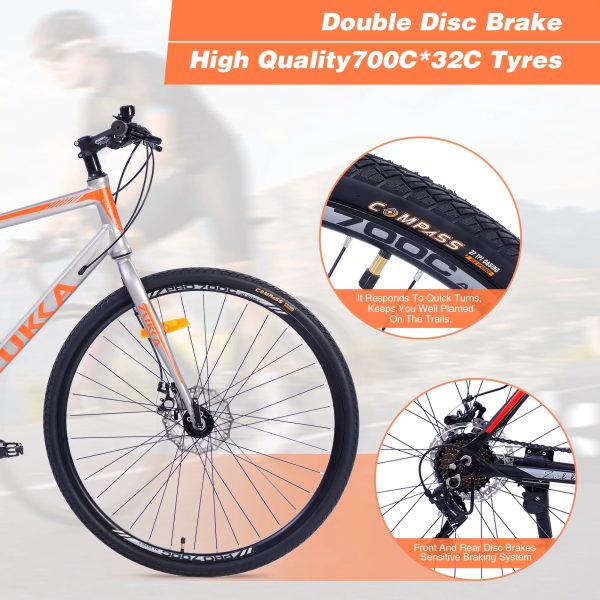 28 inch Hybrid Bike Men, Road Bike with Shimano 21 Speed, 700C Wheels, Comfort Adult Bicycle with Dual Disc Brake, 21'' Lightweight Aluminium Frame, Suggested Rider 5'6" to 6'2" Tall- Silver+Orange - Image 3