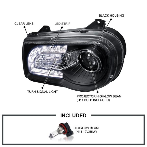 Spec-D Tuning Black LED Strip Projector Headlights Compatible with 2005-2010 Chrysler 300C/300C AWD/HEMI/SRT-8, Left + Right Pair Headlamps Assembly - Image 3