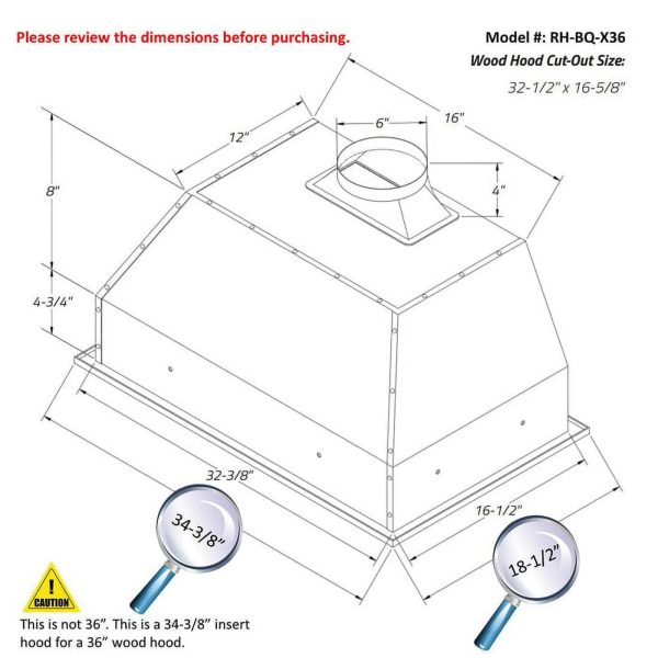Awoco RH-BQ-X36 Awoco RH-BQ-X36 36'W 18-1/2'D Built-in Insert 4 Speeds Stainless Steel Range Hood for Wood Hood - Image 3