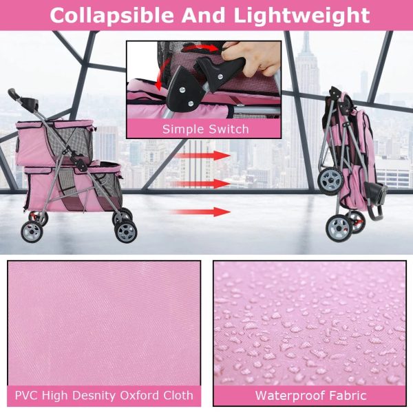 YRLLENSDAN Dog Stroller Cat Stroller Pet Carriers Bag Jogger Stroller for Small Medium Dogs Cats Travel Camping 4 Wheels Lightweight Waterproof Folding Crate Stroller with Soft Pad (Pink) - Image 3