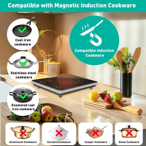 Portable Induction Cooktop, 1800W Electric Hot Plate, 9 Power Levels, Countertop Burner Induction with LCD Sensor Touch Timer Safety Lock, Single Electric Burner Stove Easy to Clean Black - Image 4