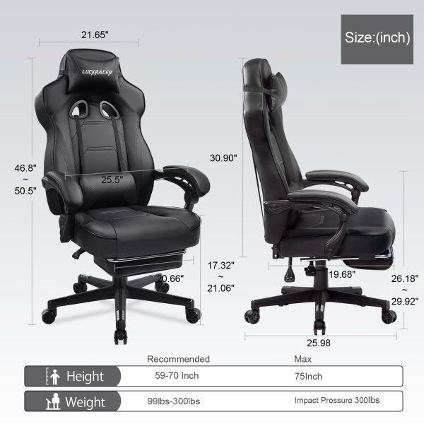 LUCKRACER Computer Gaming Chair with Footrest, Ergonomic Big and Tall Gamer Chair PU Leather Swivel Lumbar Support Racing Style E-Sports Game Chairs by GTRACING (Black) - Image 2