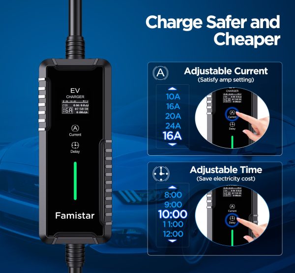 Famistar Level 2 & Level 1 EV Charger, 16Amp 110-240V Portable J1772 Electric Car Charger with Adjustable Amp Delayed Timer 25ft Long Cord - Image 5