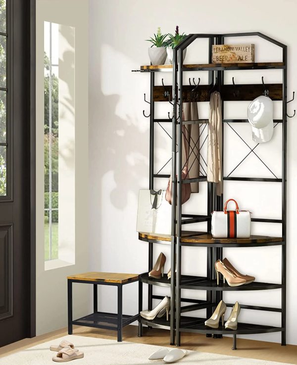 Corner Coat Rack Hall Tree with Shoe Bench Entryway Coat Rack with 6 Metal Hooks, Industrial Corner Shoe Racks Freestanding Corner Shelves Organizer Entryway Bench with Coat Rack & Storage - Image 4