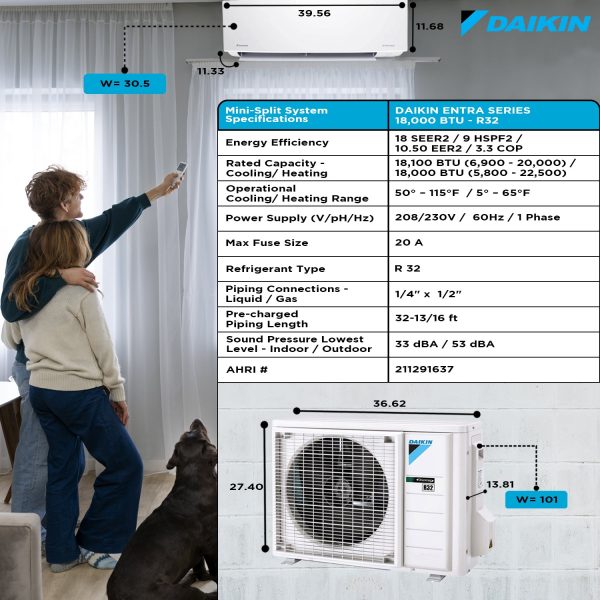 Daikin 18000 BTU 18 SEER2 Entra Series Ductless Mini-Split Air Conditioner - R32 - Image 3